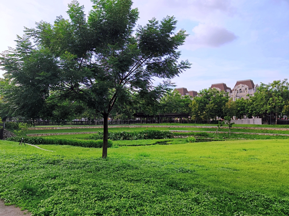 黎新公園 | 台中親子景點，大西瓜攀爬網、綠樹草坪沙坑兒童遊戲區